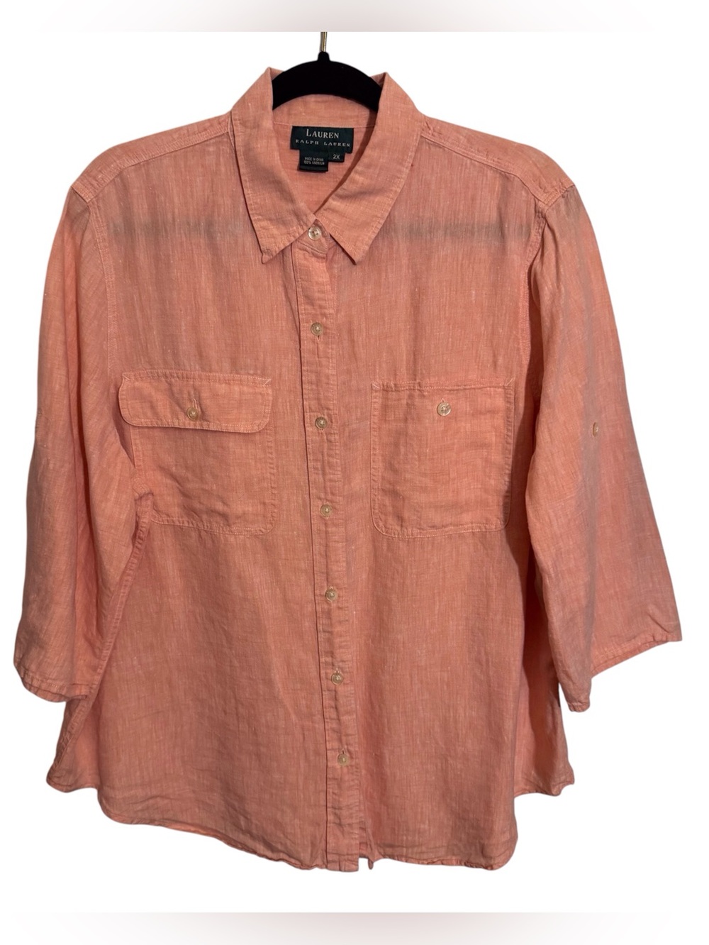 Lauren Ralph Lauren Size 2X Orange Linen Top Button Up Casual Beach Long Sleeve